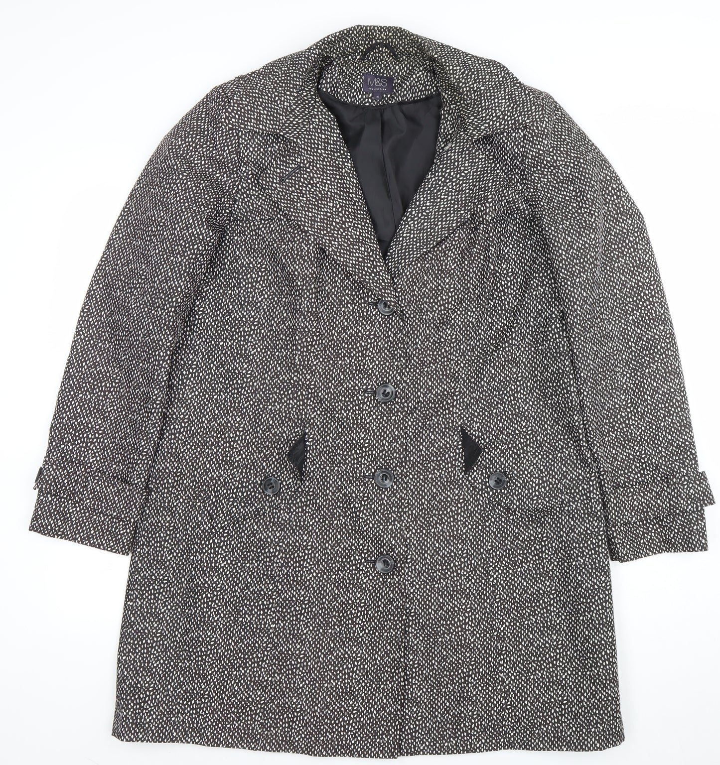 Marks and Spencer Womens Black Geometric Long Overcoat Size 16