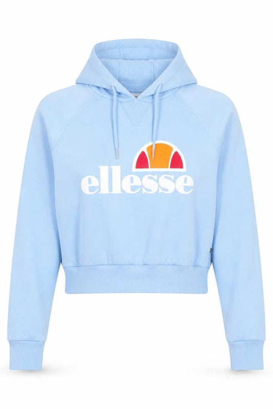 Front view of Ellesse women’s blue hoodie, size UK 12, pullover cotton blend logo hooded sweatshirt
