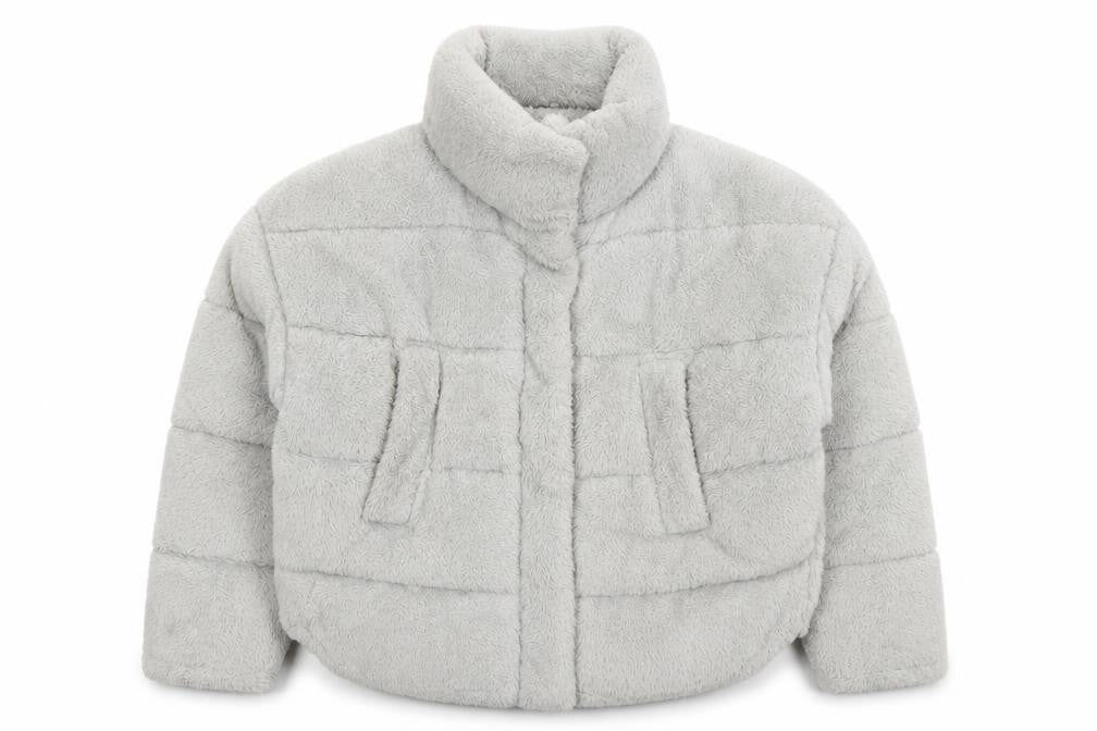 Front view of Light Before Dark Women’s Grey Faux Fur Puffer Jacket, size S