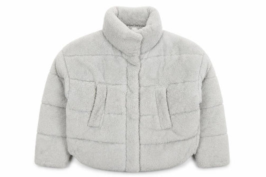 Front view of Light Before Dark Women’s Grey Faux Fur Puffer Jacket, size S