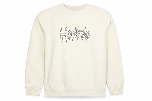 Front view of Honest Skateboards men’s ivory xl pullover sweatshirt graphic logo