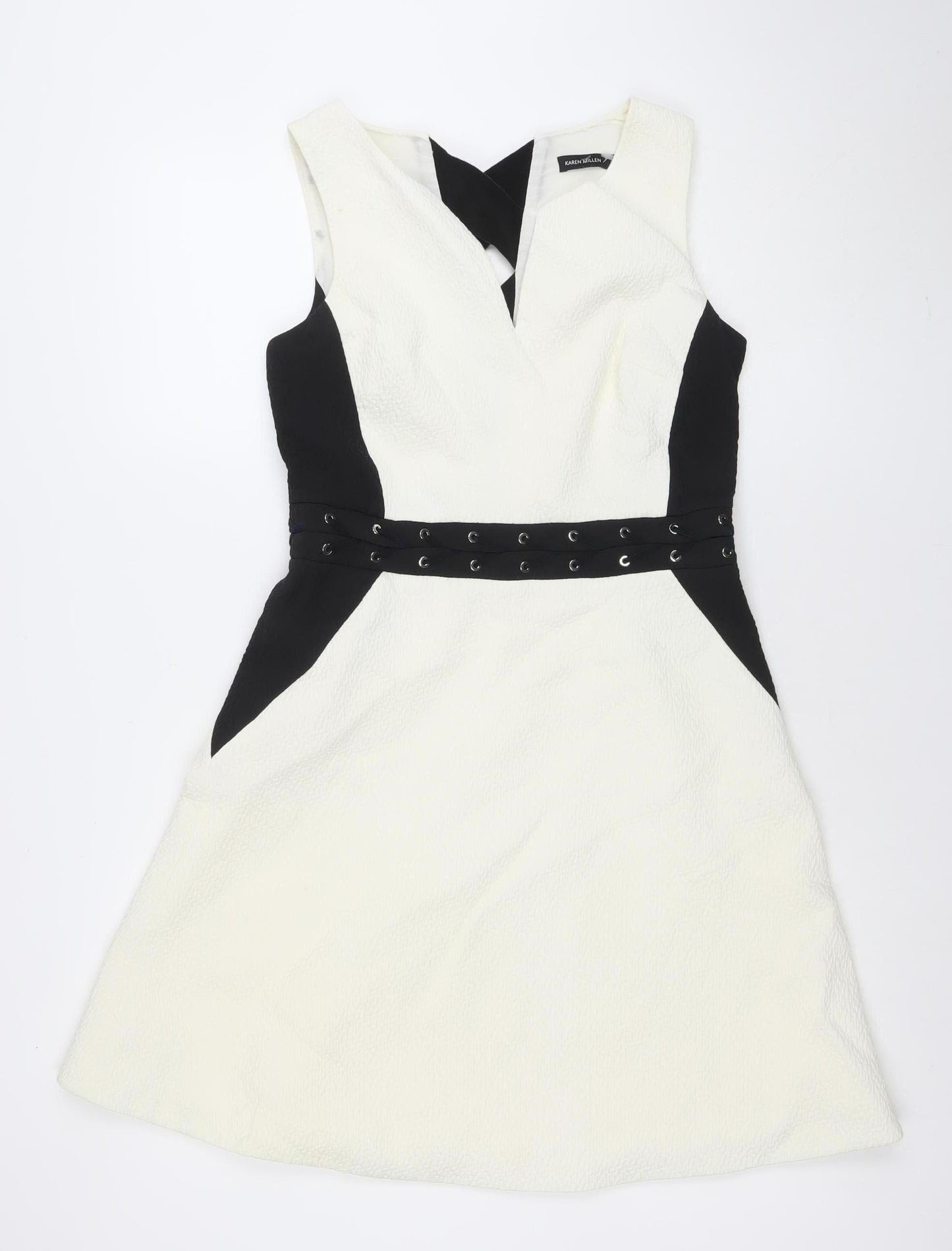 Karen Millen Women’s Black White Fit & Flare Sleeveless Knee Dress Size 12