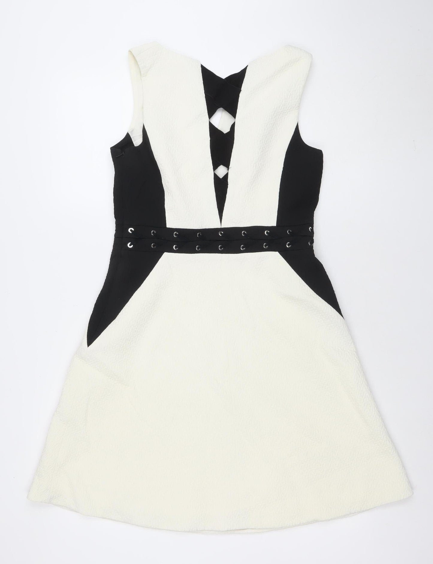 Karen Millen Women’s Black White Fit & Flare Sleeveless Knee Dress Size 12
