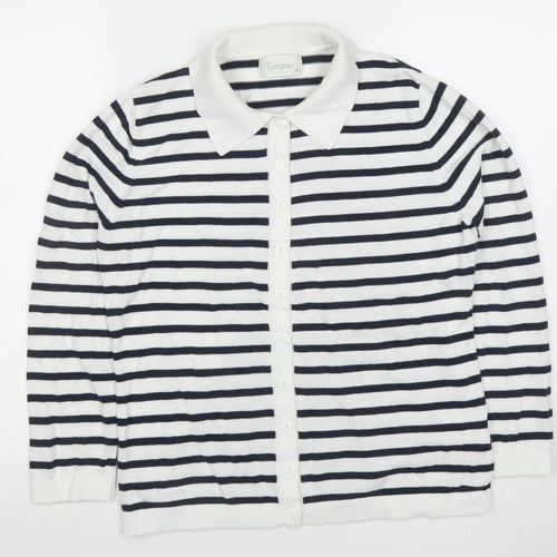 Jumper Womens White Black Striped Collared Cotton Button Cardigan M