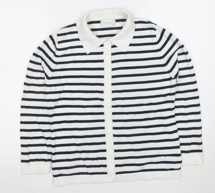 Jumper Womens White Black Striped Collared Cotton Button Cardigan M