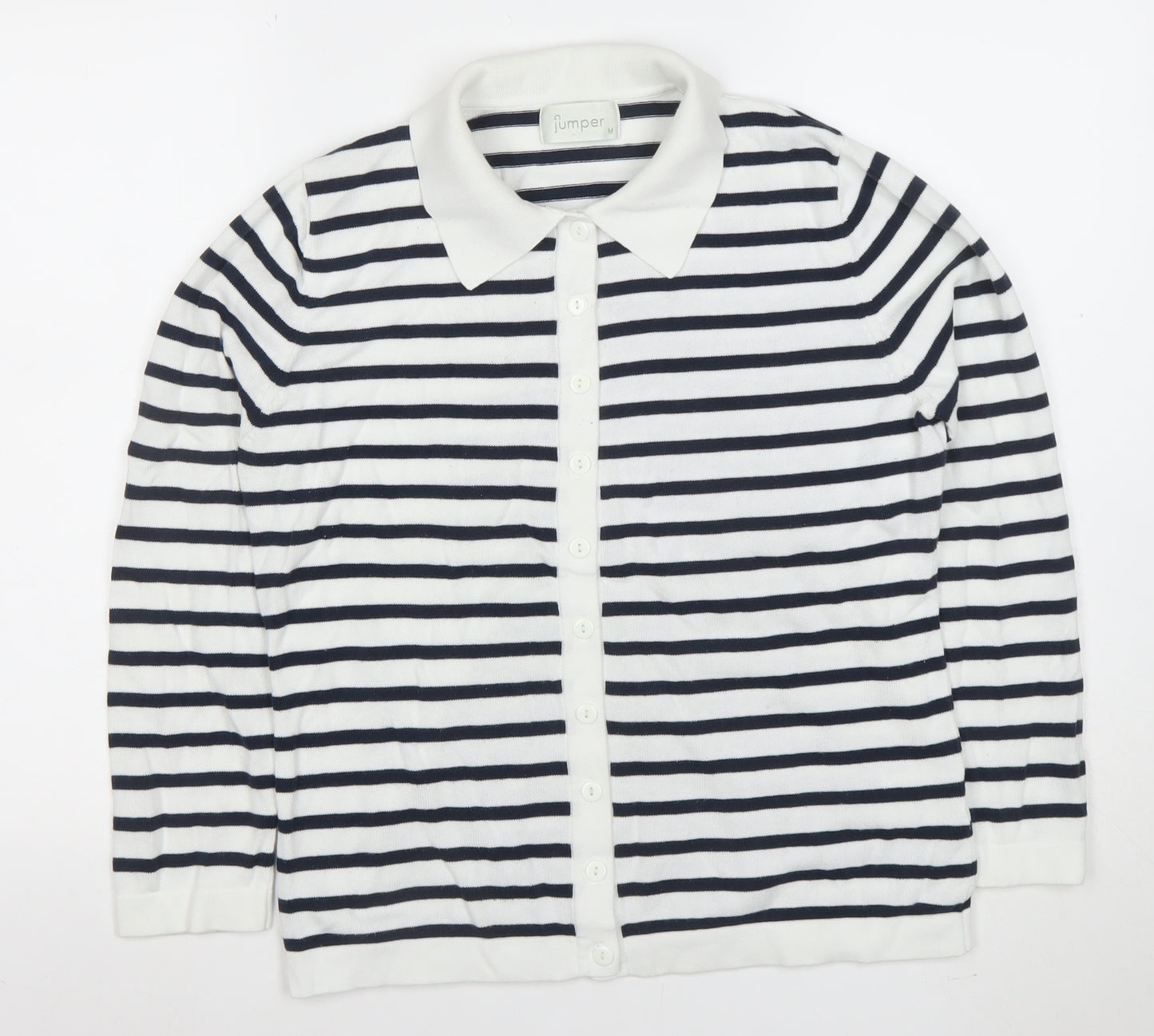 Jumper Womens White Black Striped Collared Cotton Button Cardigan M