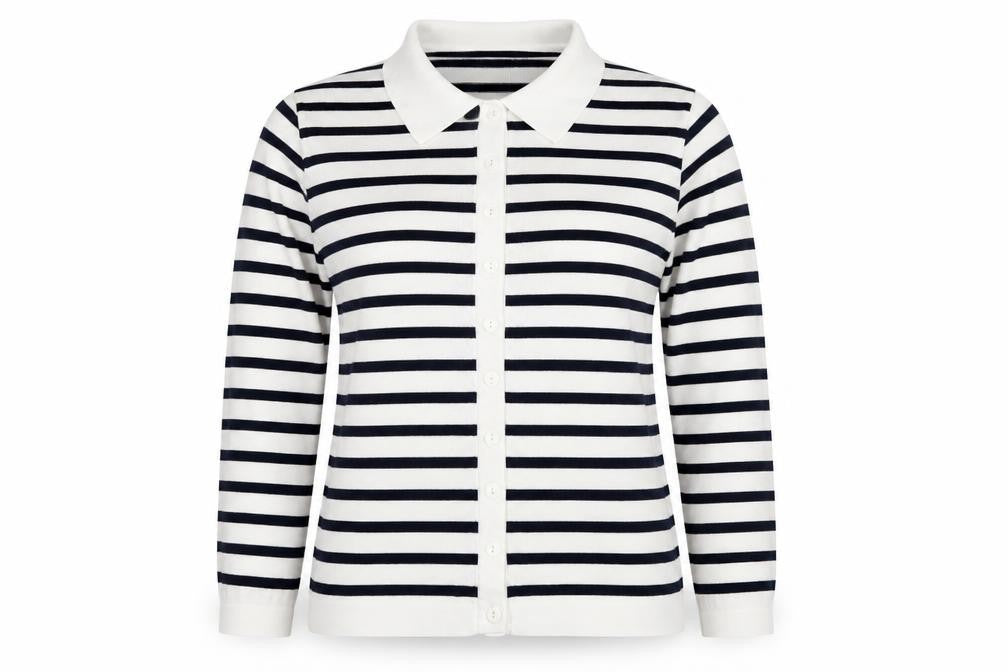 Front view of Jumper women’s white black striped collared cotton button cardigan m