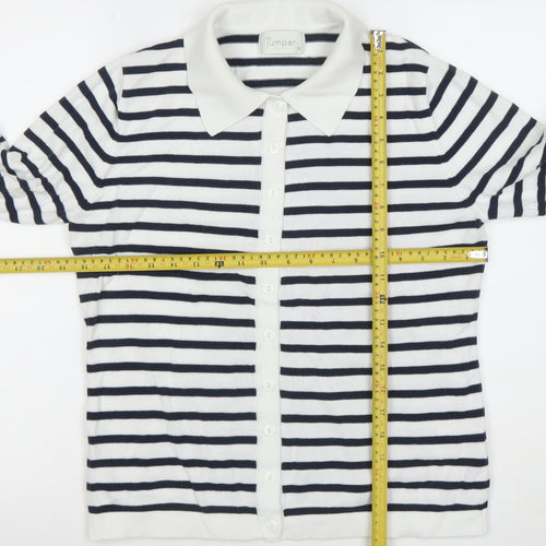 Jumper Womens White Black Striped Collared Cotton Button Cardigan M