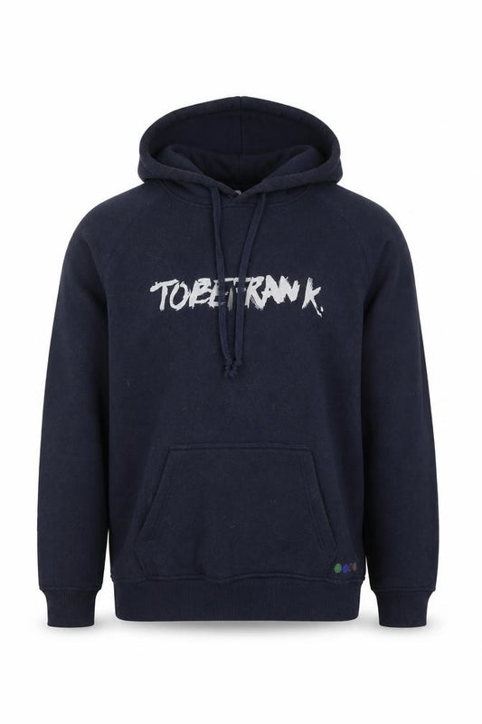 Front view of TOBEFRANK Men's Navy Blue Medium Pullover Hoodie With Graphic Logo