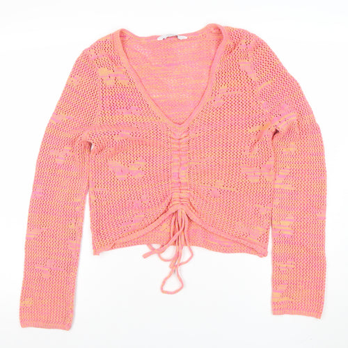 Michelle Keegan Women's Pink Open-Knit V-Neck Pullover Jumper M