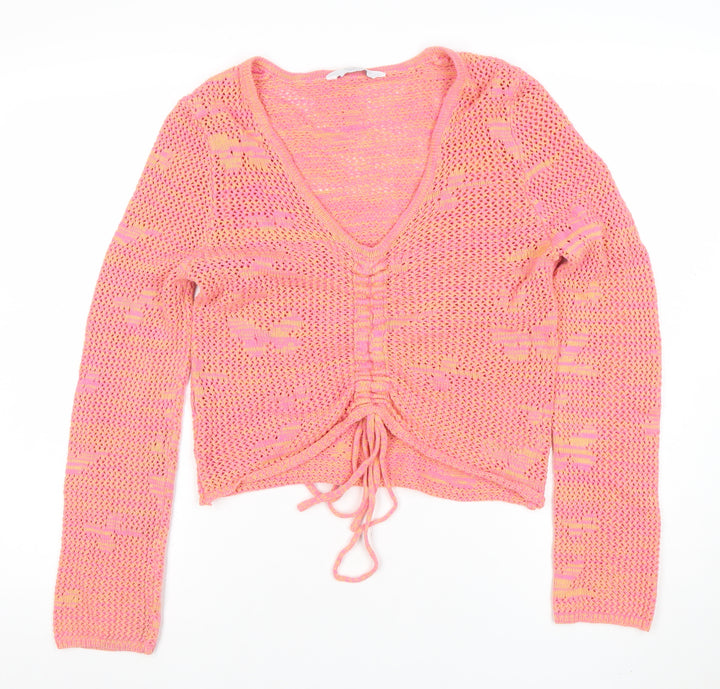 Michelle Keegan Women's Pink Open-Knit V-Neck Pullover Jumper M