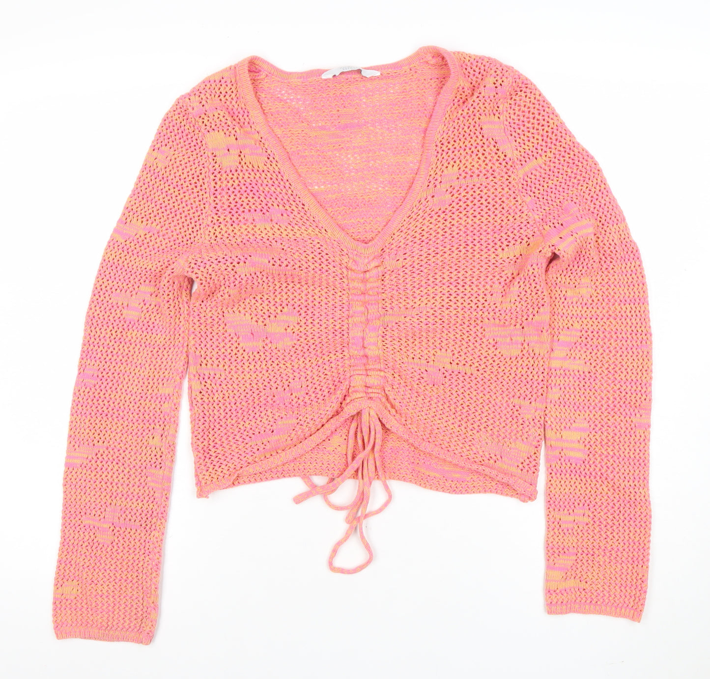 Michelle Keegan Women's Pink Open-Knit V-Neck Pullover Jumper M