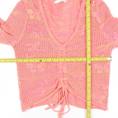 Michelle Keegan Women's Pink Open-Knit V-Neck Pullover Jumper M