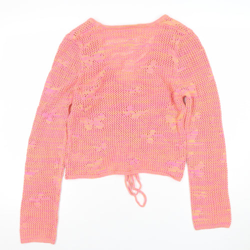 Michelle Keegan Women's Pink Open-Knit V-Neck Pullover Jumper M