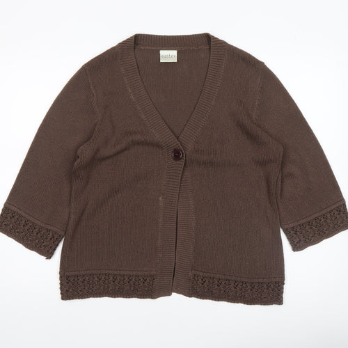 Eastex Women's Brown V-Neck Crochet Trim 3/4 Sleeve Cardigan Size 14