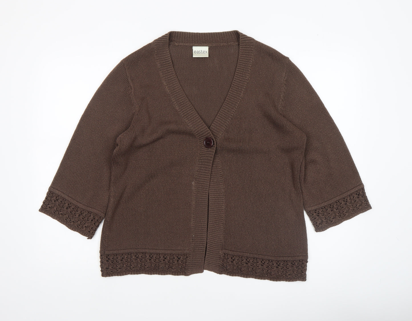 Eastex Women's Brown V-Neck Crochet Trim 3/4 Sleeve Cardigan Size 14