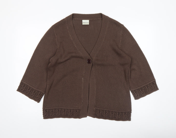 Eastex Women's Brown V-Neck Crochet Trim 3/4 Sleeve Cardigan Size 14