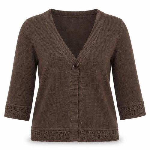 Eastex Women's Brown V-Neck Crochet Trim 3/4 Sleeve Cardigan Size 14