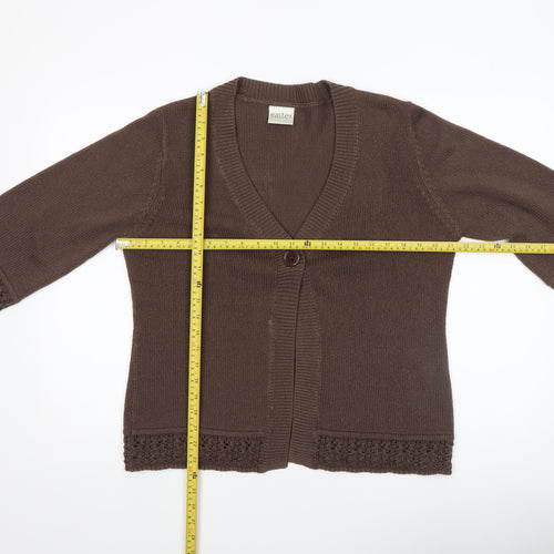 Eastex Women's Brown V-Neck Crochet Trim 3/4 Sleeve Cardigan Size 14