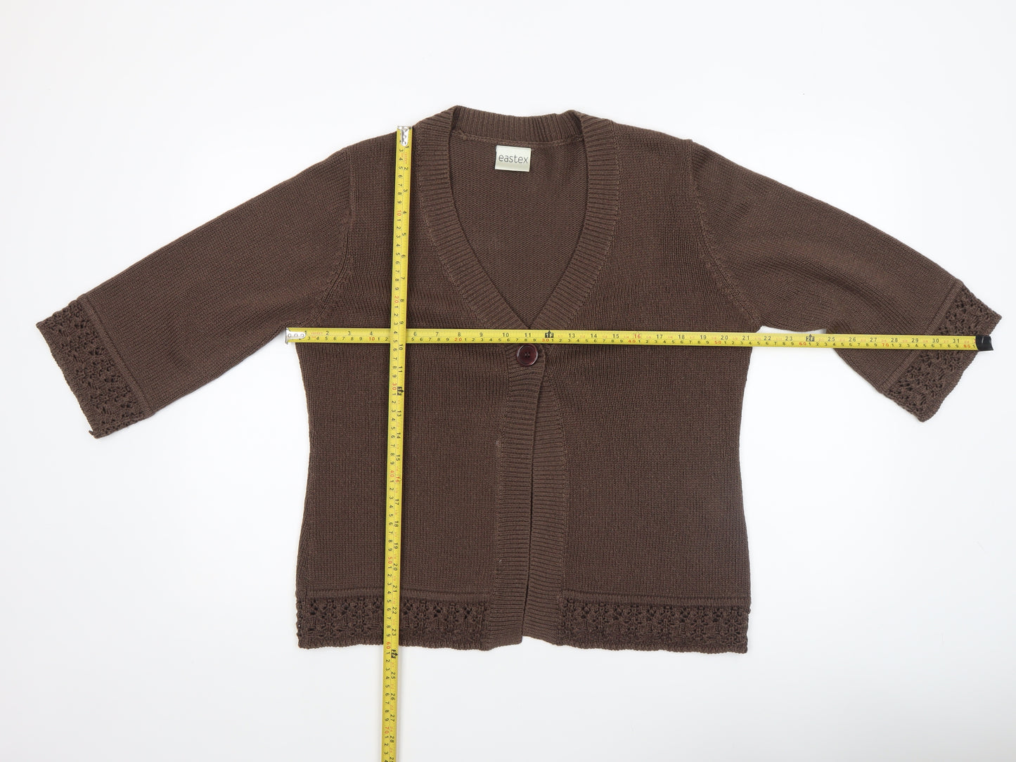 Eastex Women's Brown V-Neck Crochet Trim 3/4 Sleeve Cardigan Size 14