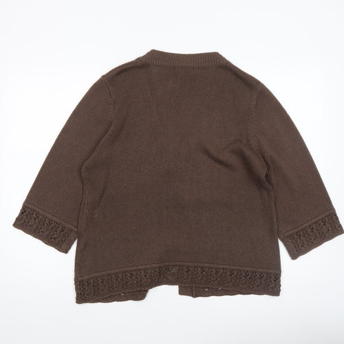 Eastex Women's Brown V-Neck Crochet Trim 3/4 Sleeve Cardigan Size 14