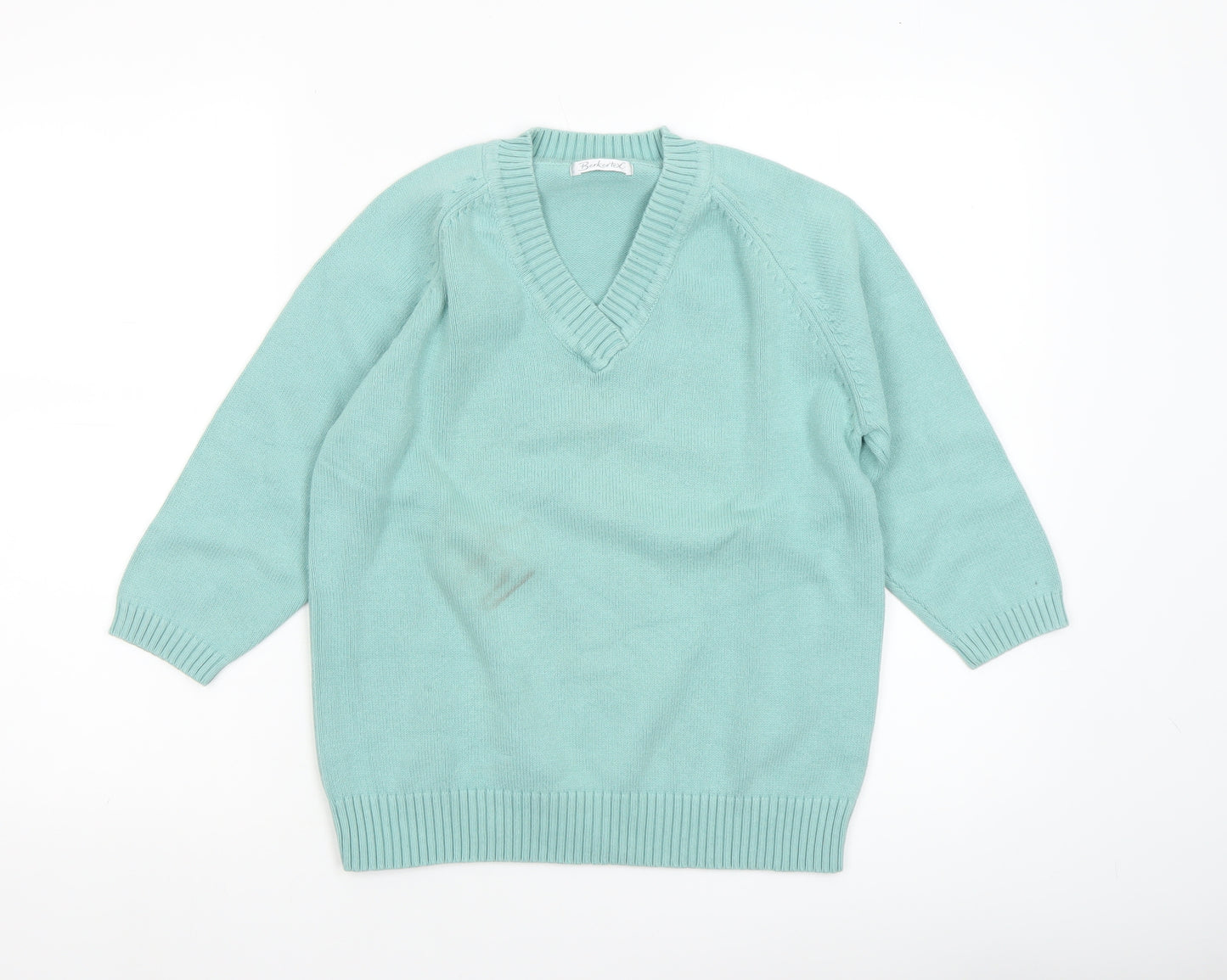 Berkertex Women's Mint Green V-Neck Cotton Blend Jumper Size 10-12