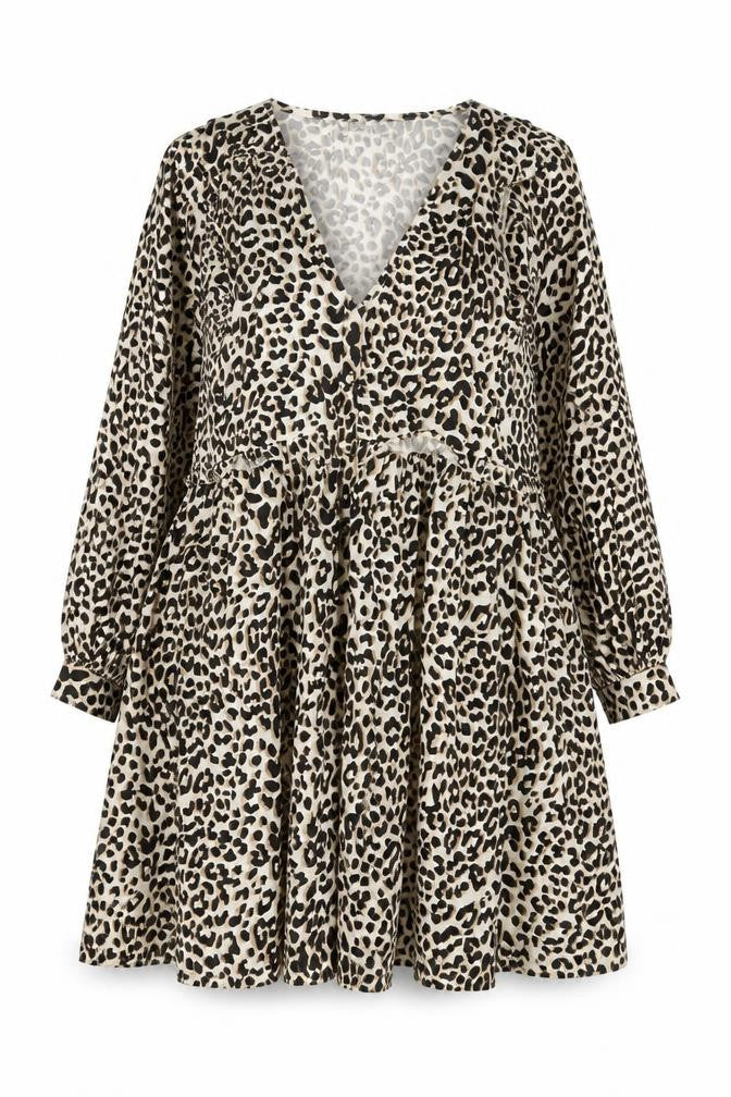 Front view of ASOS Women's Beige Leopard Print A-Line Short Dress, size 22