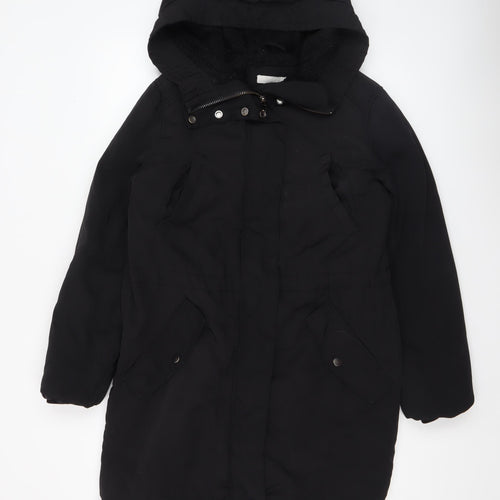H&M Women’s Black Long Hooded Parka Coat Size 10