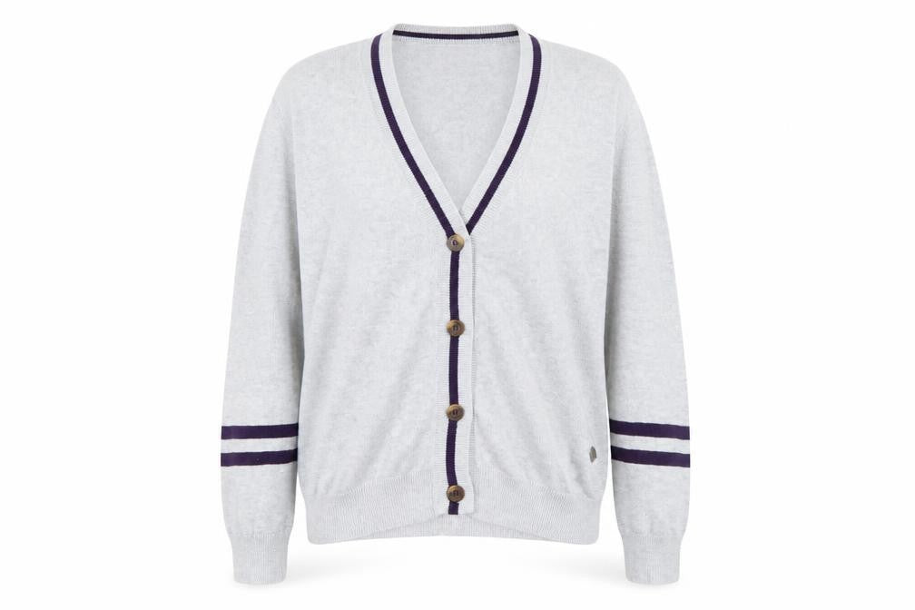 Front view of Rupert & Buckley Women's Grey V-Neck Cardigan, size 14