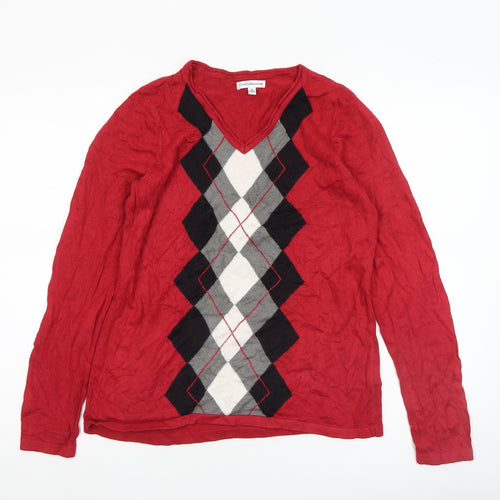 Croft & Barrow Women's Red Argyle V-Neck Cotton Jumper Size S