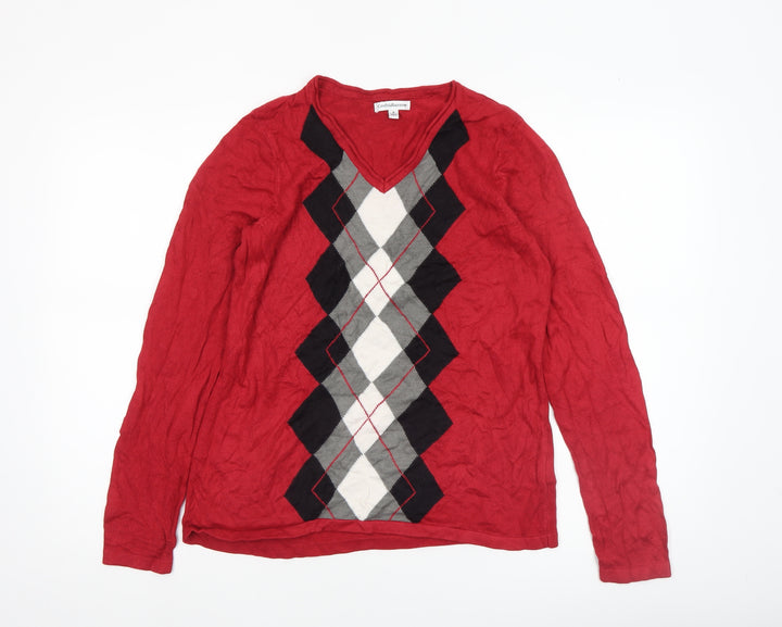 Croft & Barrow Women's Red Argyle V-Neck Cotton Jumper Size S