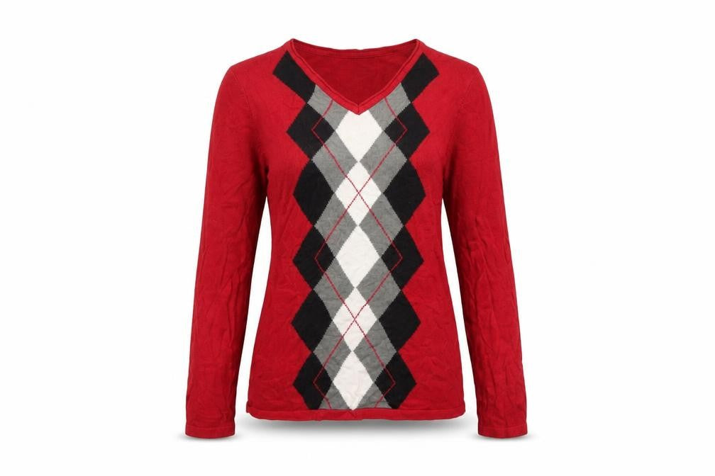 Front view of Croft & Barrow Women's Red Argyle V-Neck Cotton Jumper, size S