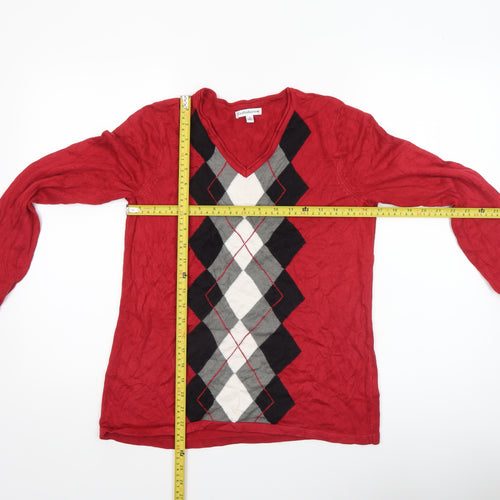 Croft & Barrow Women's Red Argyle V-Neck Cotton Jumper Size S
