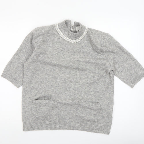 ICHI Women's Grey Beaded High Neck 3/4 Sleeve Knit Jumper Size L