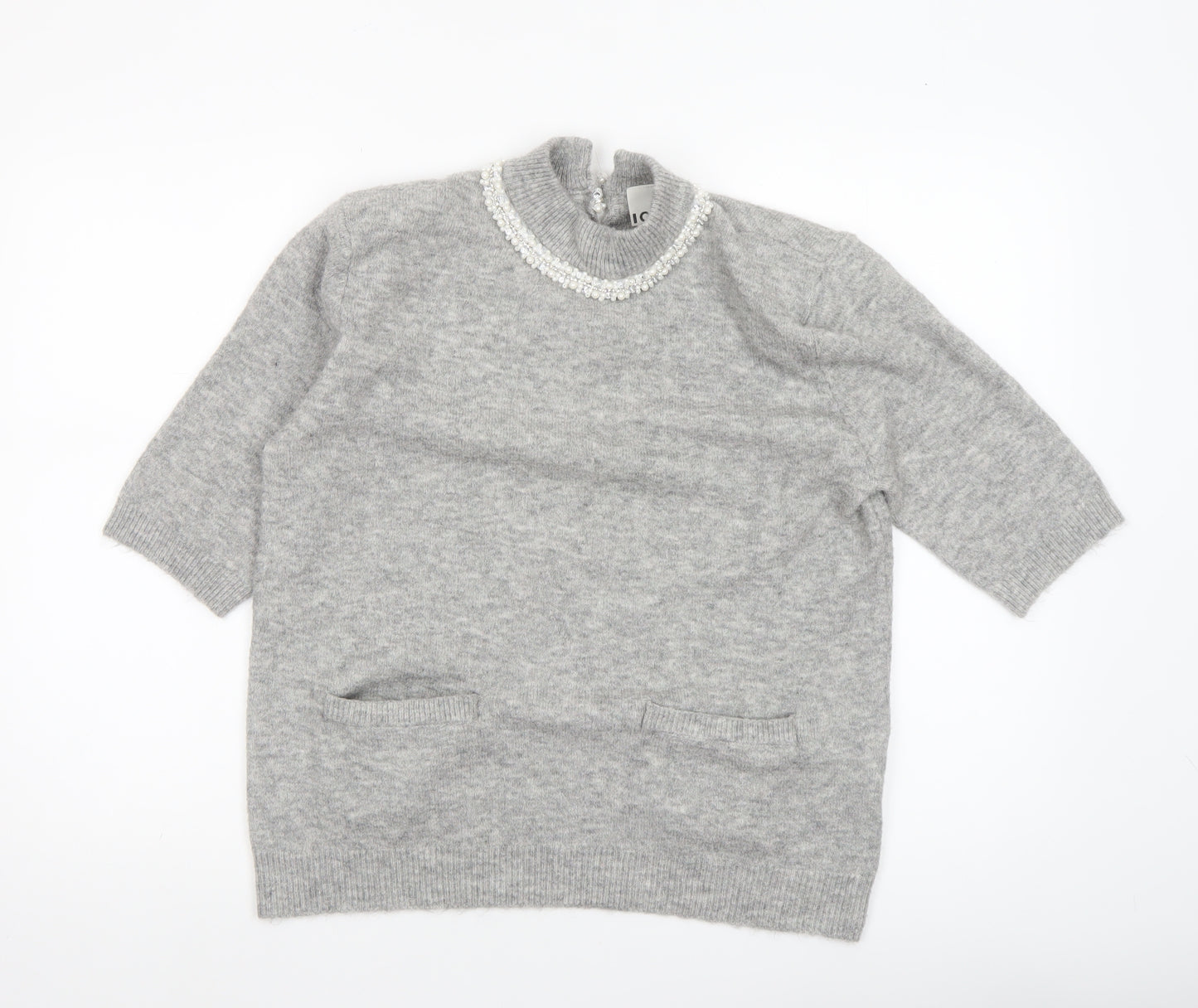 ICHI Women's Grey Beaded High Neck 3/4 Sleeve Knit Jumper Size L