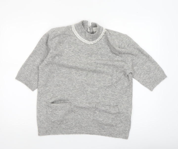 ICHI Women's Grey Beaded High Neck 3/4 Sleeve Knit Jumper Size L