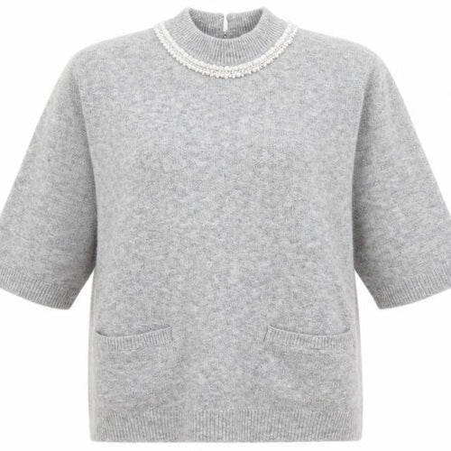 ICHI Women's Grey Beaded High Neck 3/4 Sleeve Knit Jumper Size L
