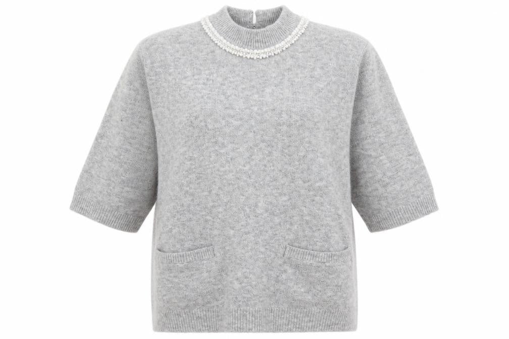 ICHI Women's Grey Beaded High Neck 3/4 Sleeve Knit Jumper Size L