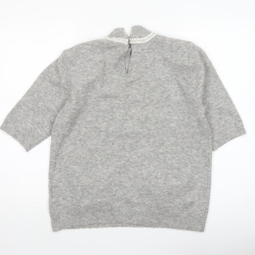 ICHI Women's Grey Beaded High Neck 3/4 Sleeve Knit Jumper Size L