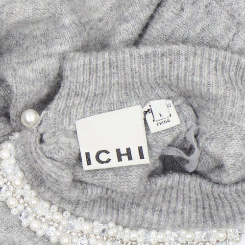 ICHI Women's Grey Beaded High Neck 3/4 Sleeve Knit Jumper Size L
