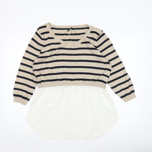 Nouveau Edit Women Beige Striped Scoop Neck Tunic Jumper UK 14
