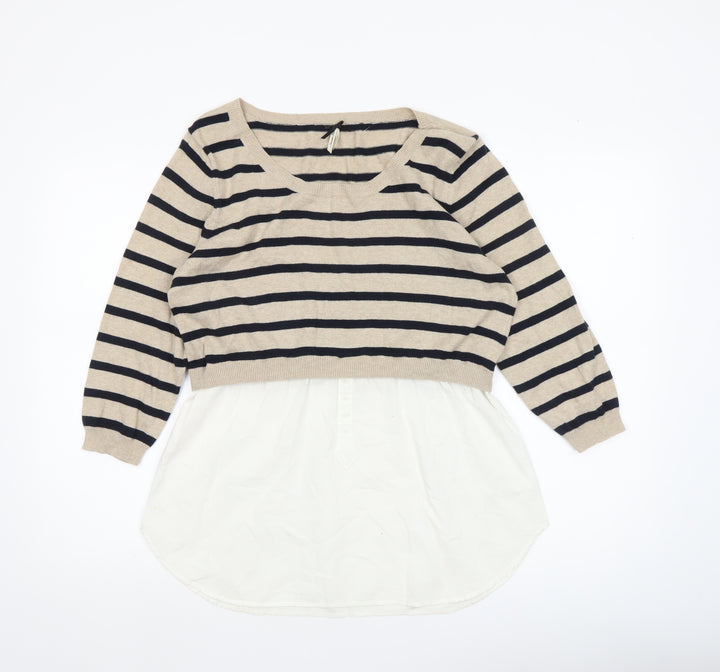 Nouveau Edit Women Beige Striped Scoop Neck Tunic Jumper UK 14