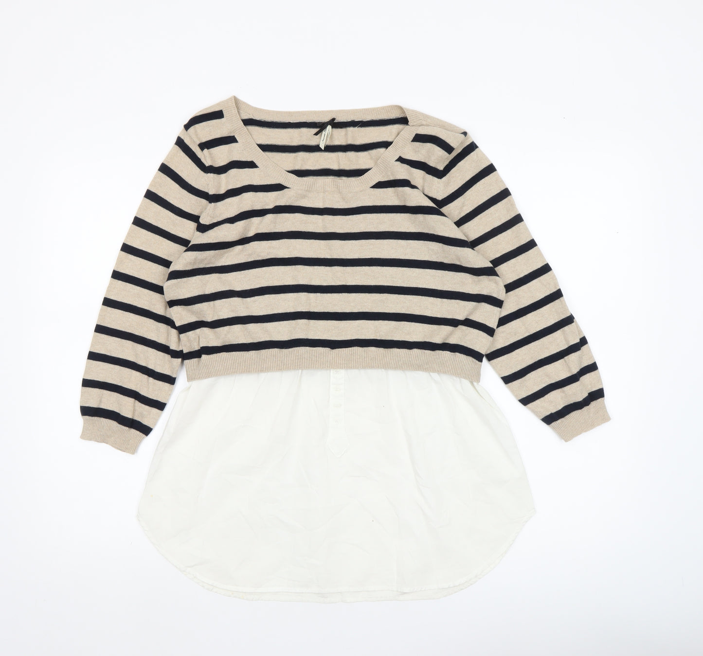Nouveau Edit Women Beige Striped Scoop Neck Tunic Jumper UK 14