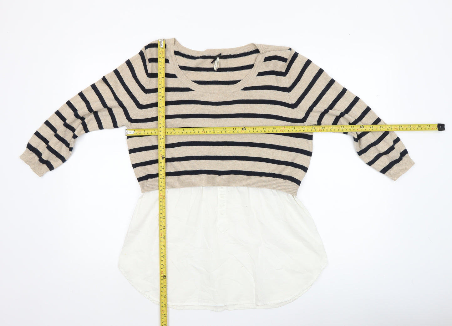 Nouveau Edit Women Beige Striped Scoop Neck Tunic Jumper UK 14