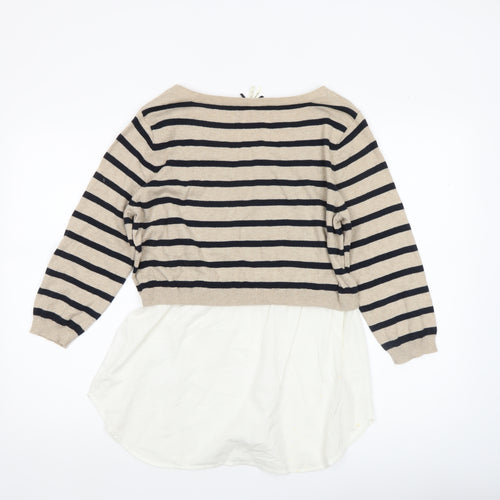 Nouveau Edit Women Beige Striped Scoop Neck Tunic Jumper UK 14