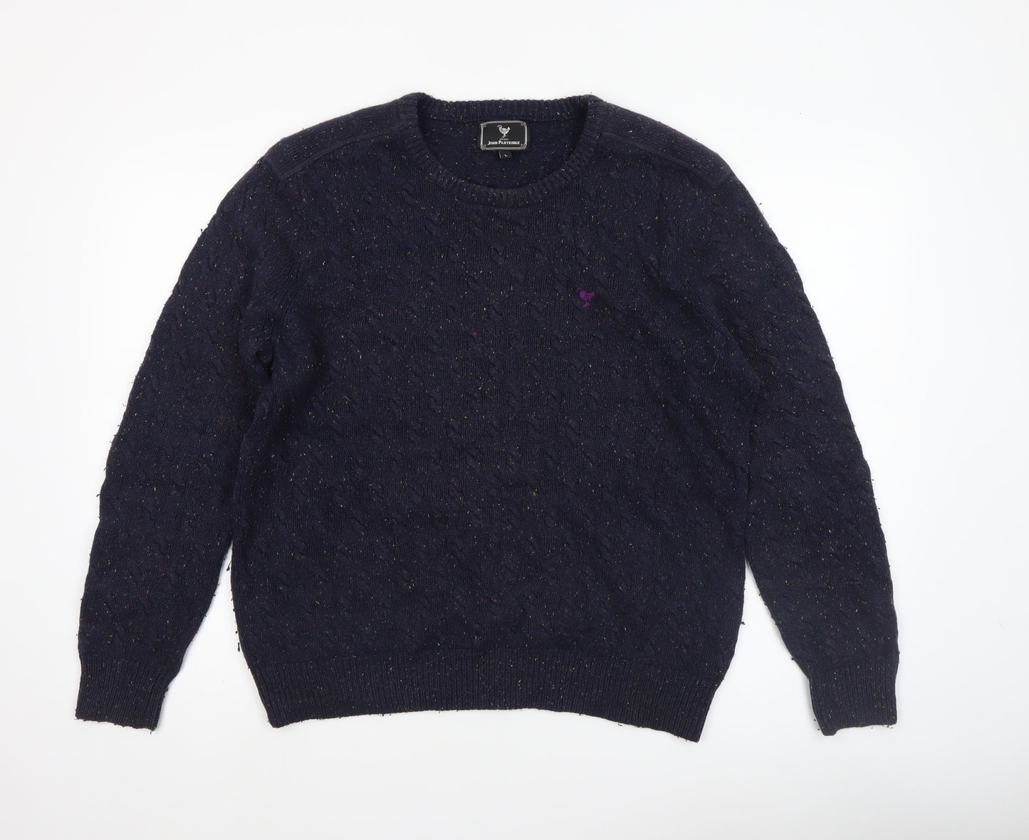 John Partridge Men’s Blue Cable-Knit Cotton Wool Jumper L