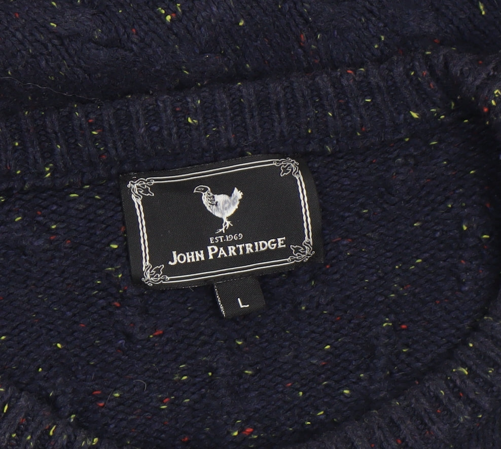 John Partridge Men’s Blue Cable-Knit Cotton Wool Jumper L