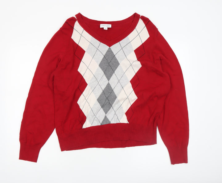 St. John's Bay Women's Red Argyle V-Neck Cotton Jumper XL
