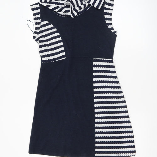 Apricot Women Blue Striped Collared Sleeveless Shift Dress Size 10