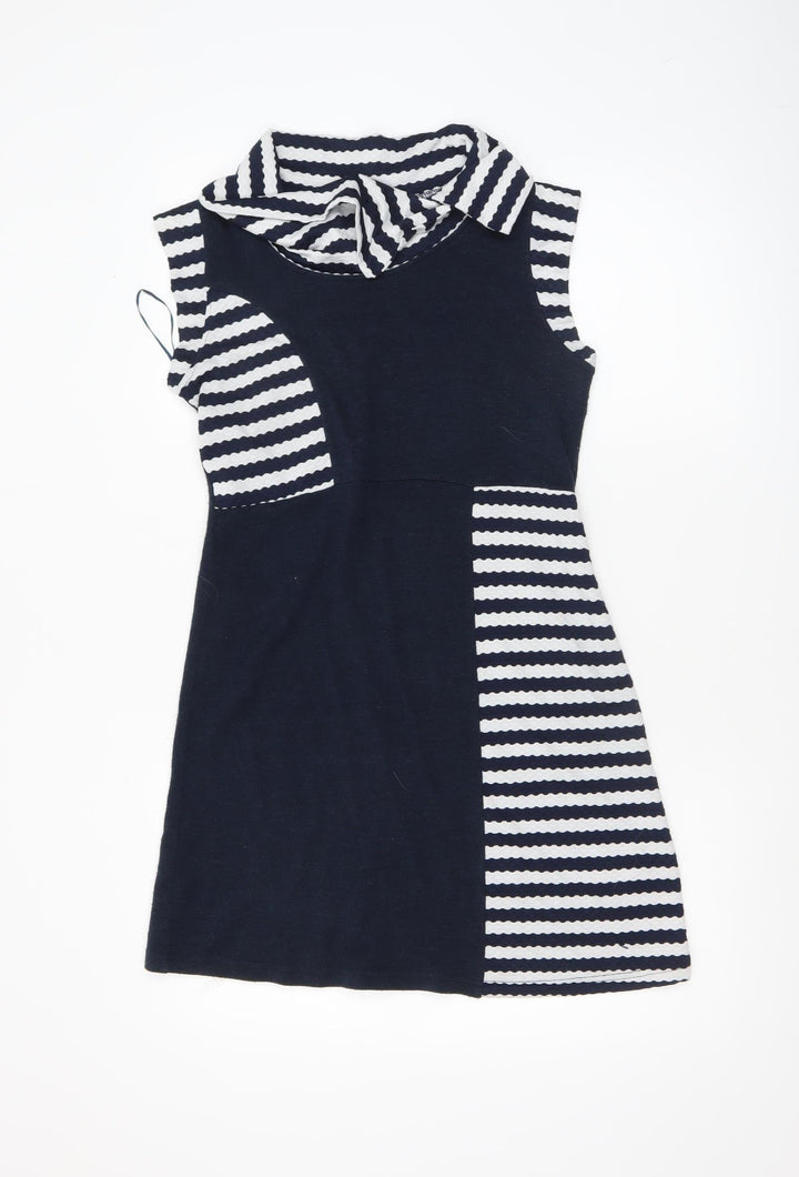 Apricot Women Blue Striped Collared Sleeveless Shift Dress Size 10